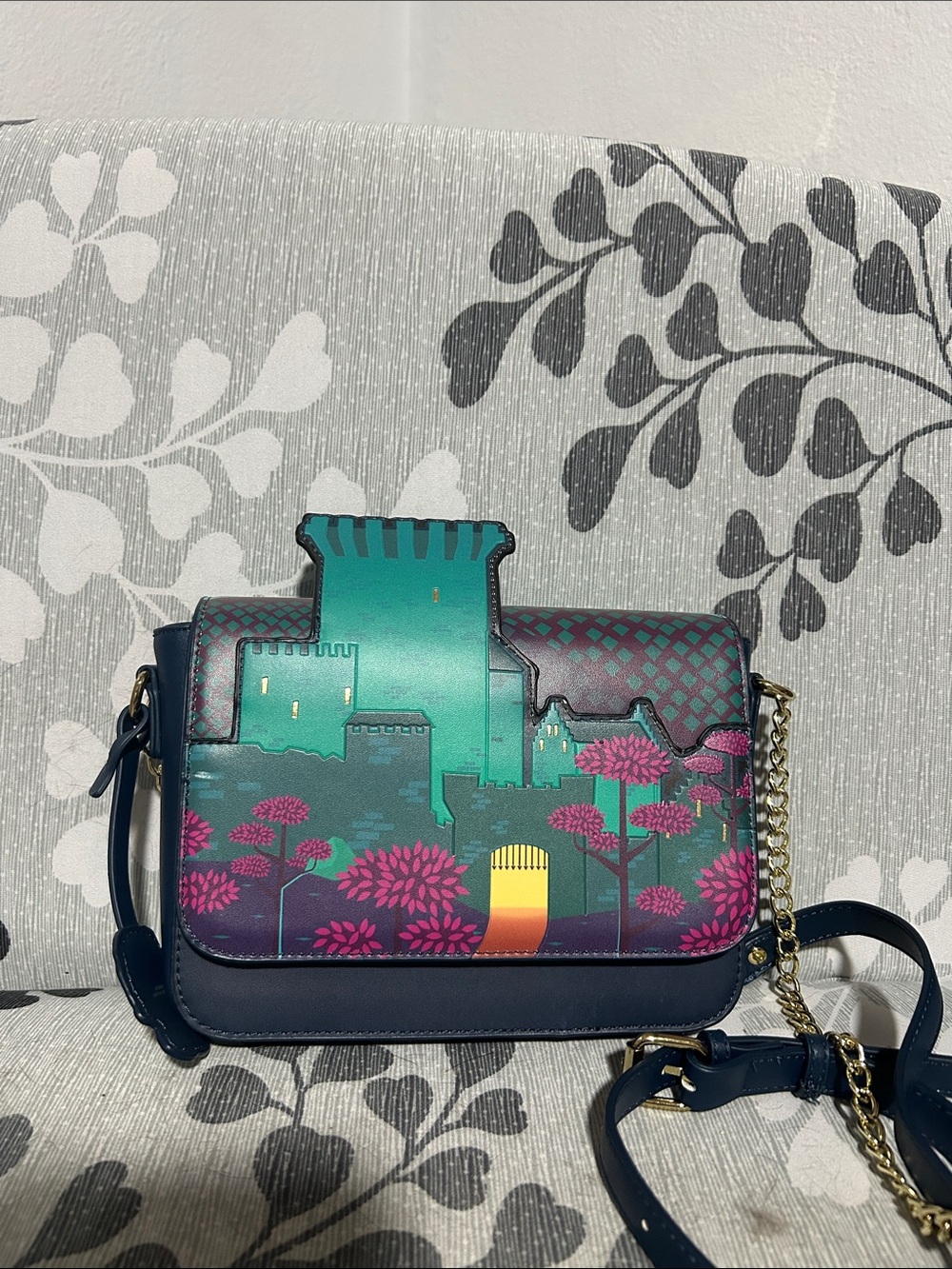 Loungefly Navy Crossbody with Teal & Pink Castle Motif